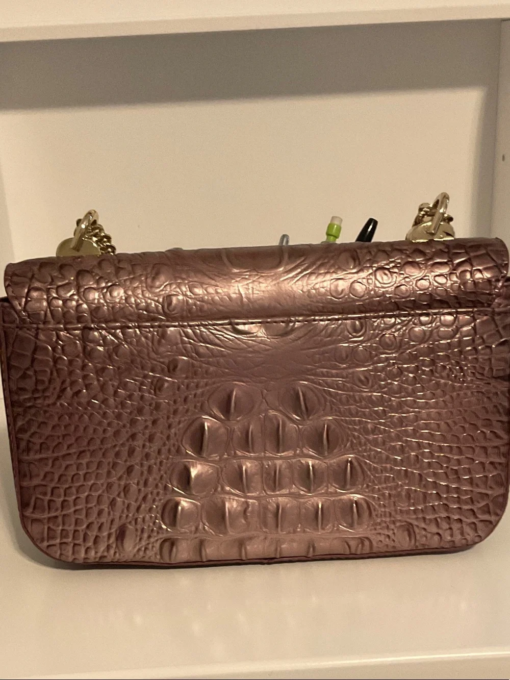 Brahmin Mauve Croc-Embossed Leather Crossbody with Gold Chain